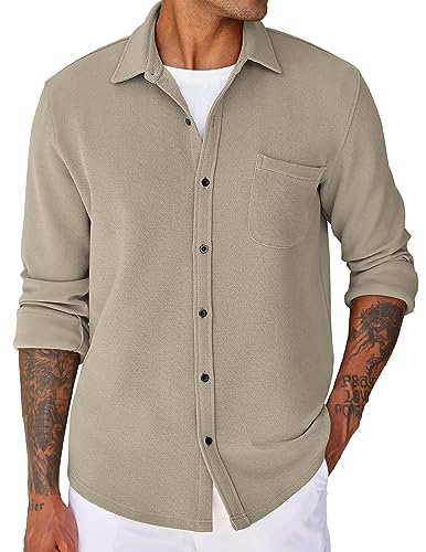 COOFANDY Men's Casual Long Sleeve Soild Shirt Corduroy Button Down Shirts Fall Lightweight Jackets Khaki