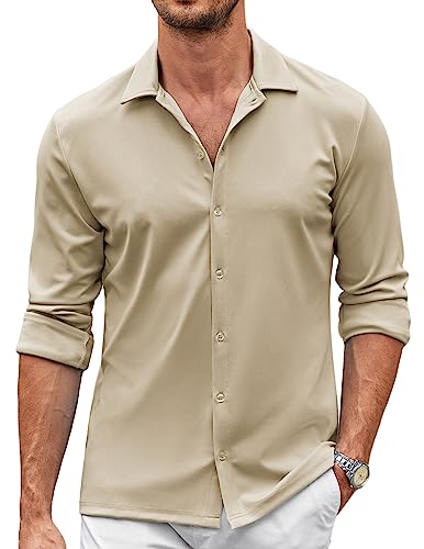 COOFANDY Men's Long Sleeve Button Down Shirts Stretchy Business Casual Shirt Khaki