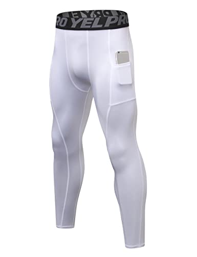 TOPTIE Mens Compression Pants, Cool Dry Athletic Pants, Workout Running Leggings-White-L