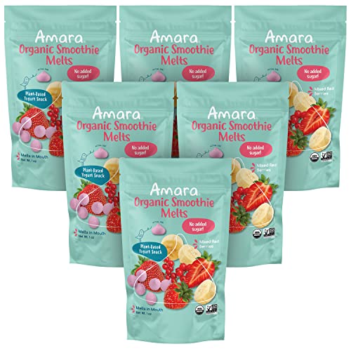 Amara Smoothie Melts - Mixed Red Berries - Baby Snacks Made With Fruits and Vegetables - Healthy Toddler Snacks For Your Kids Lunch Box - Organic Plant Based Yogurt Melts - 6 Resealable Bags