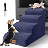 ZNM Pet Stairs, 4 Tiers High Density Pet Foam Steps, Non-Slip Dog Step for High Bed and Sofa, Extra Wide Deep Dog Ladder/Ramp for Older Dogs, Cats Up to 50 lbs, Send 1 Lint Roller, Blue